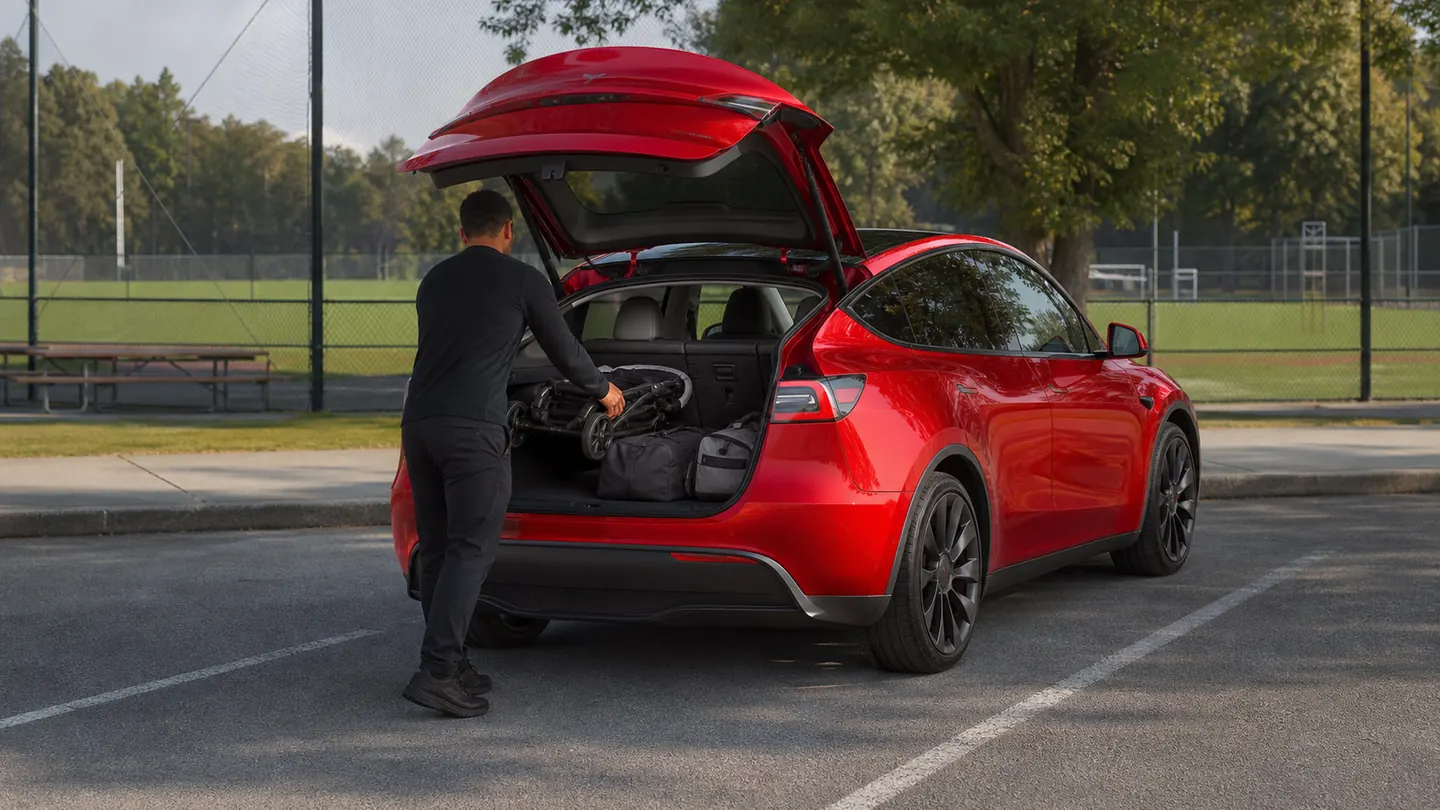 Tesla Model Y with its liftgate open while a stroller and sports bags are loaded