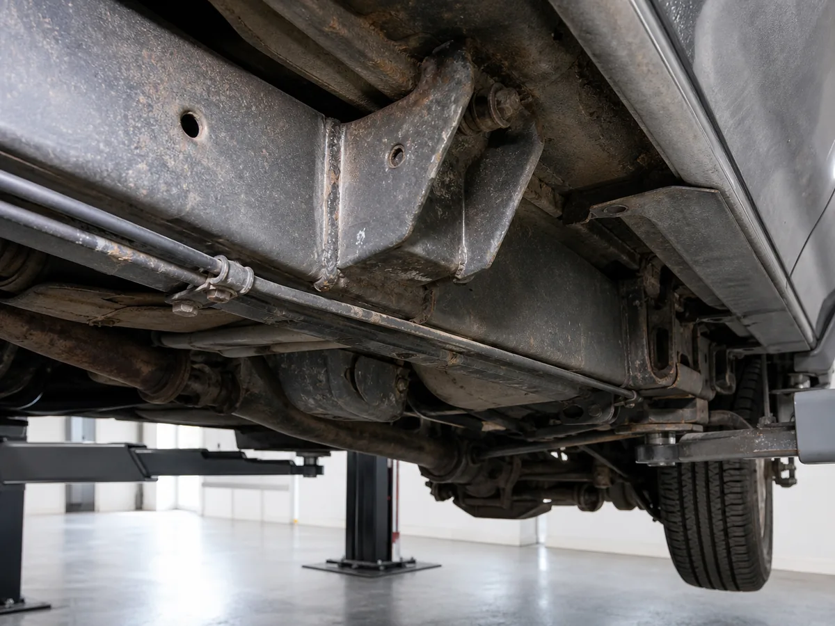 Frame rail and suspension mounting points viewed from beneath a body-on-frame SUV