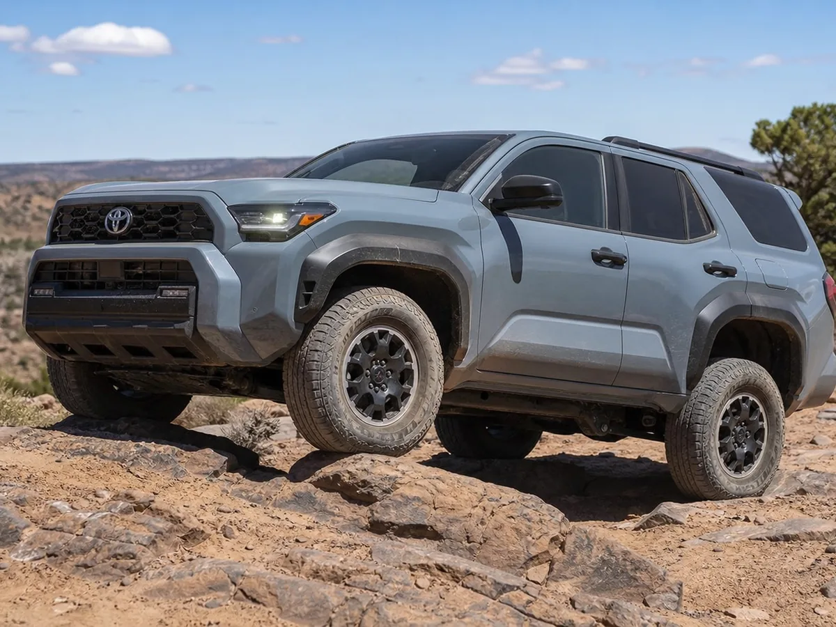 Current-generation Toyota 4Runner crossing a rocky trail with its suspension articulated