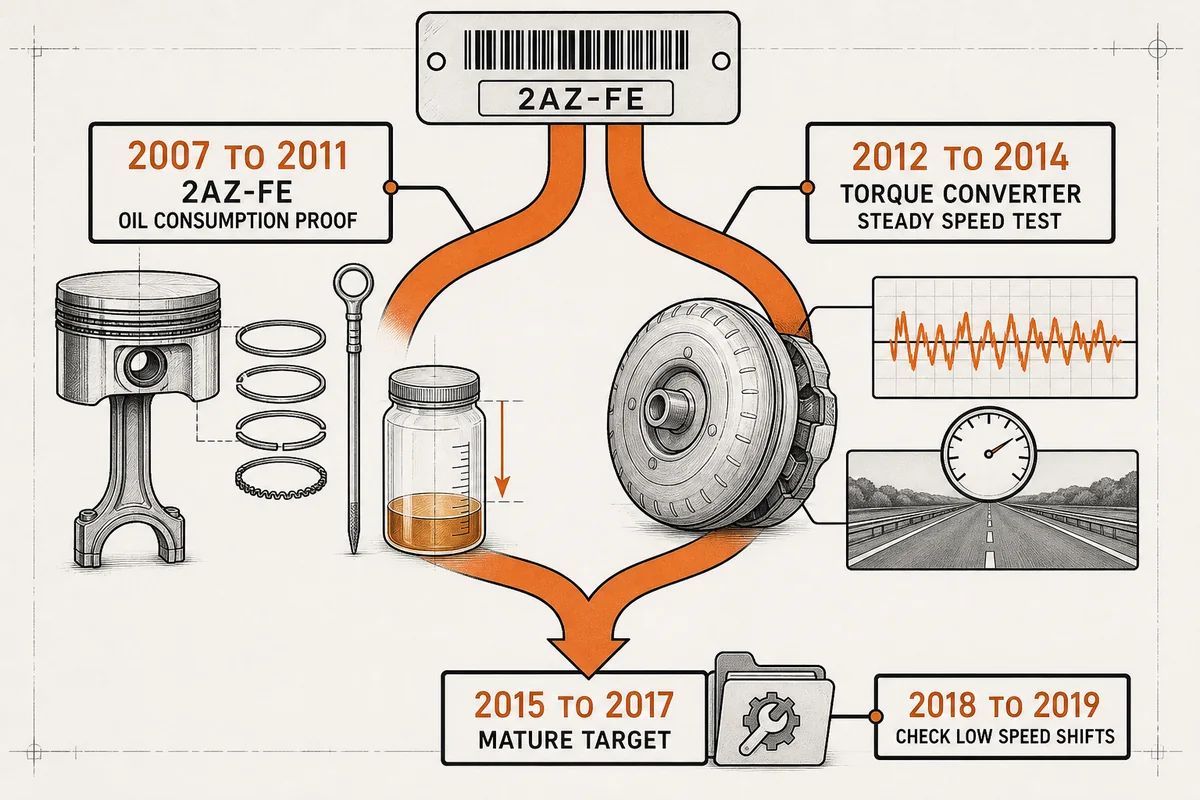 Diagram separating Camry oil-consumption years from torque-converter and low-speed shift checks - Toyota Camry