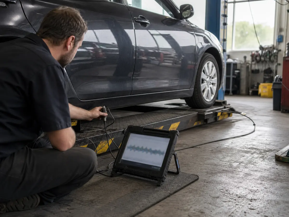 Technician measuring vibration during a transmission shudder diagnosis - Toyota Camry
