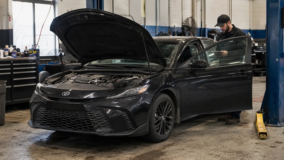 Used midsize sedan undergoing an engine and brake inspection - Toyota Camry