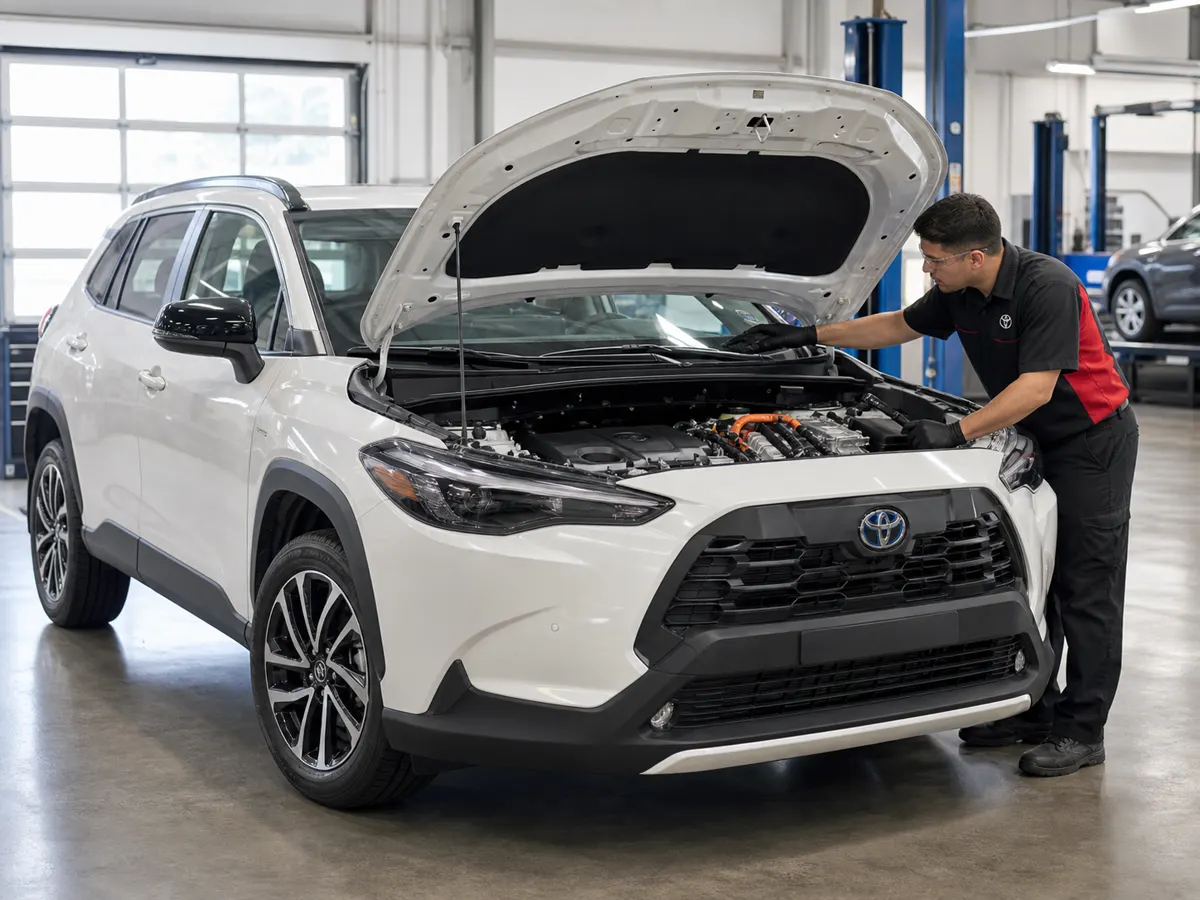 Technician checking the VIN and hybrid inverter area on a 2026 Toyota Corolla Cross Hybrid - Toyota Corolla Cross