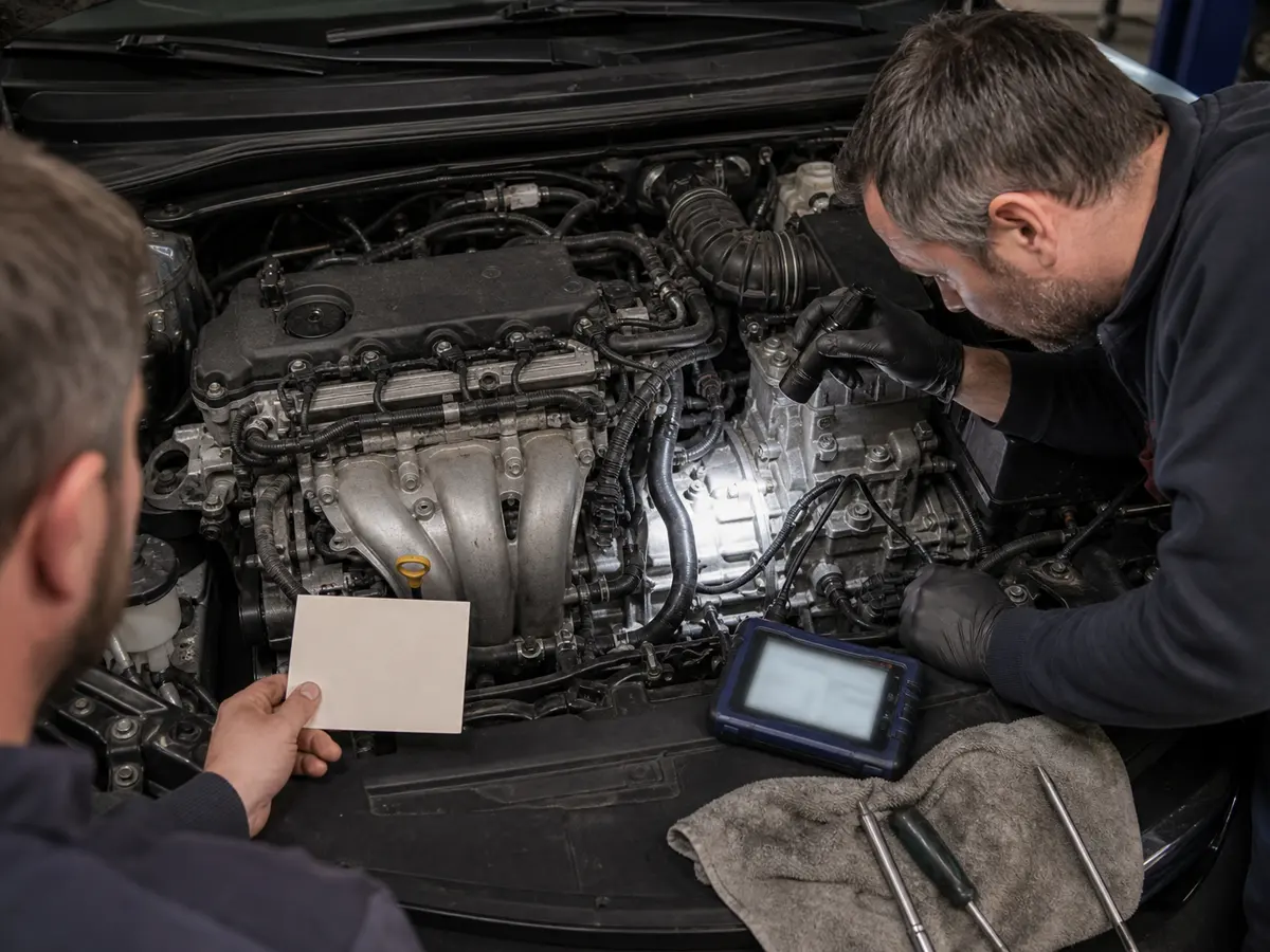 Mechanics checking engine identity and transmission condition on a compact car - Toyota Corolla