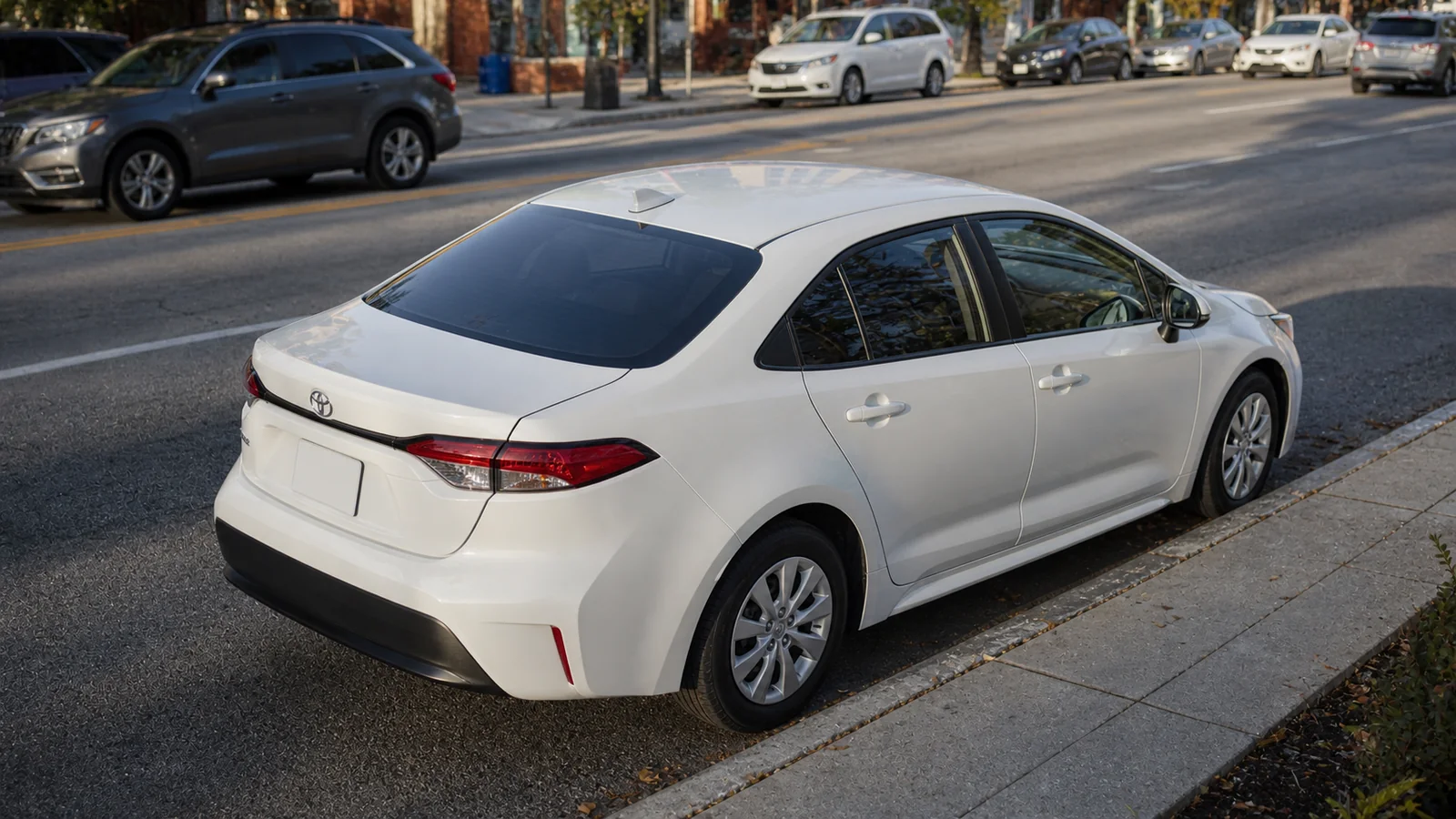 White Toyota Corolla parked after an ordinary city commute