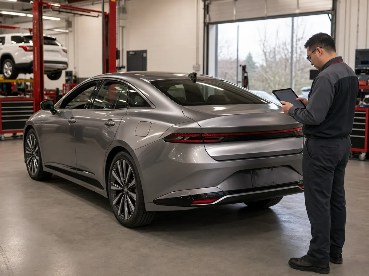 Technician checking rear-camera operation and VIN recall records on a 2026 Toyota Crown - Toyota Crown