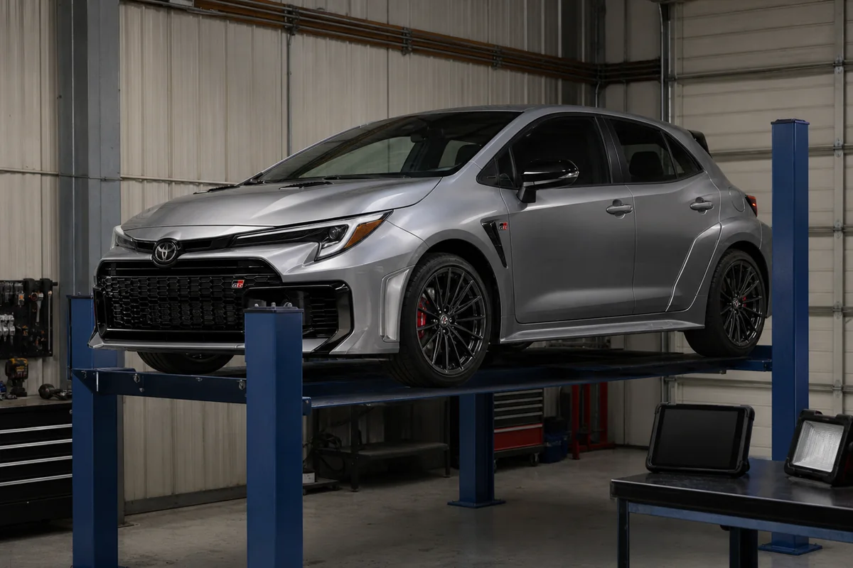 2026 Toyota GR Corolla on a workshop lift for AWD, tire, brake, cooling, and modification inspection - Toyota GR Corolla
