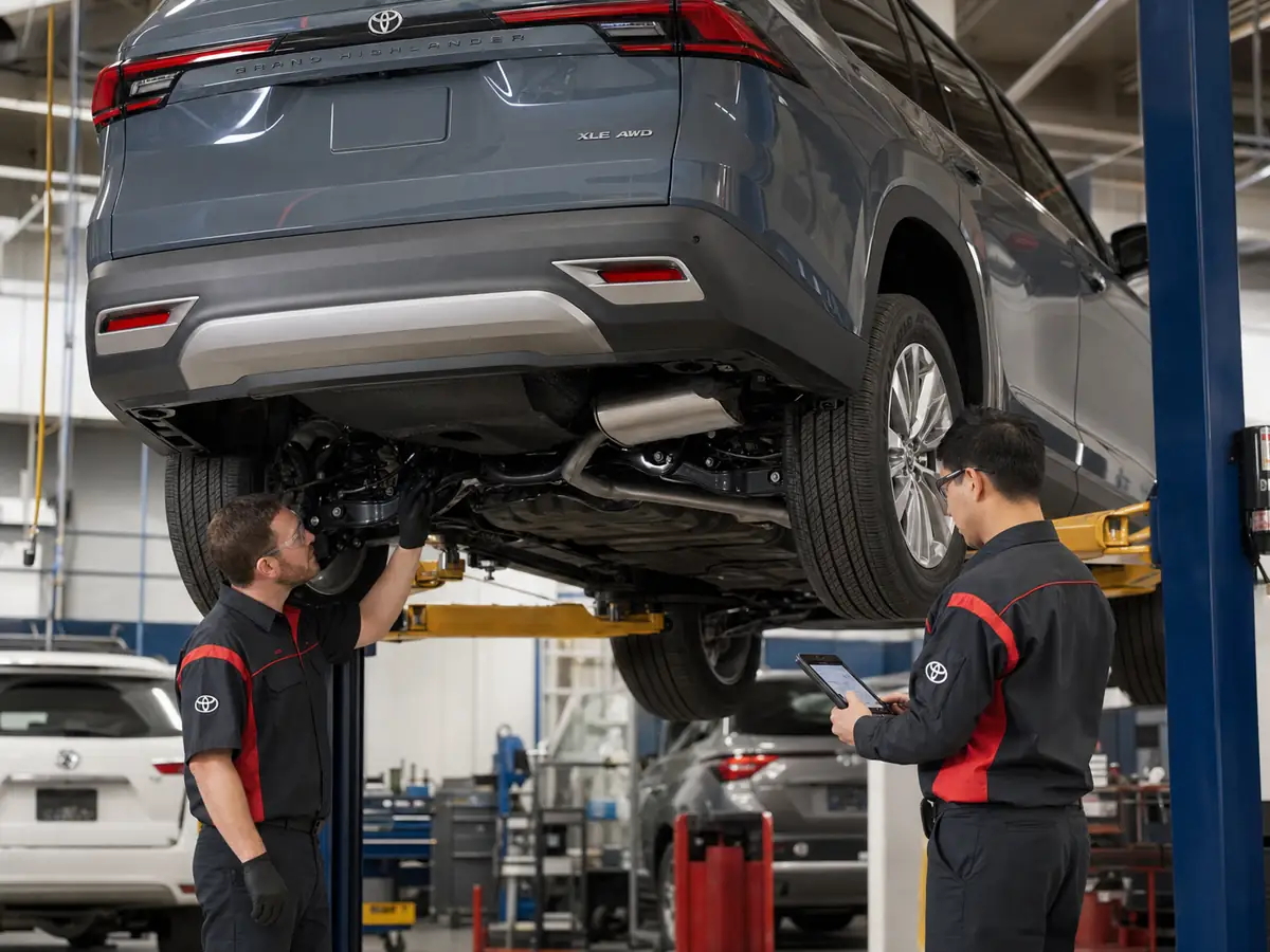 Technician inspecting a 2026 Toyota Grand Highlander rear axle while checking the VIN recall record - Toyota Grand Highlander