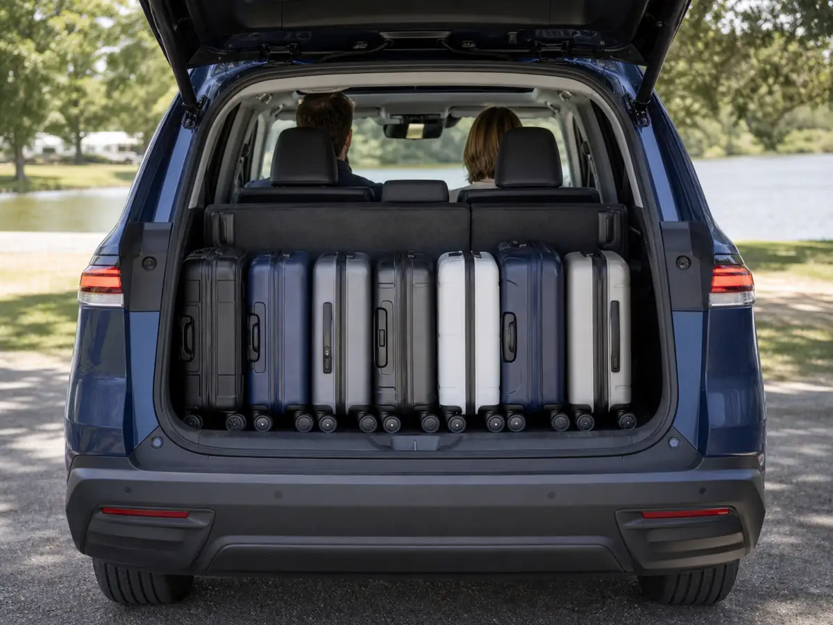 Toyota Grand Highlander with adults in the third row and seven carry-on bags behind them - Toyota Grand Highlander