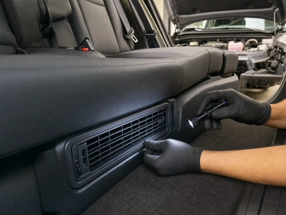 Technician checking a Toyota Highlander Hybrid cooling intake, fluids, and diagnostic report - Toyota Highlander Hybrid