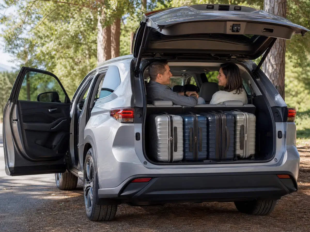 Toyota Highlander Hybrid with adults testing the third row and luggage behind it - Toyota Highlander Hybrid