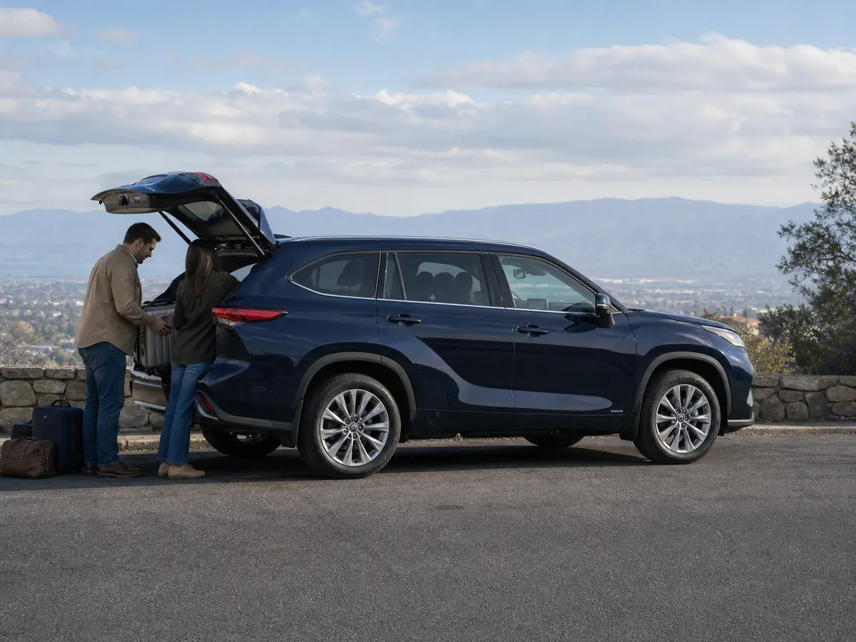 Dark blue Toyota Highlander at a family loading stop with luggage and all four tires visible