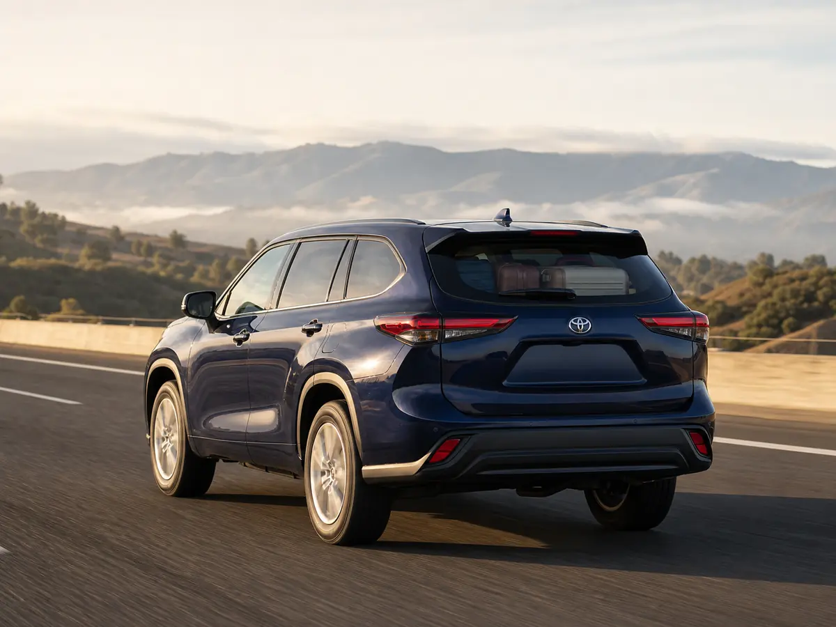 Dark blue Toyota Highlander carrying family luggage on an open highway
