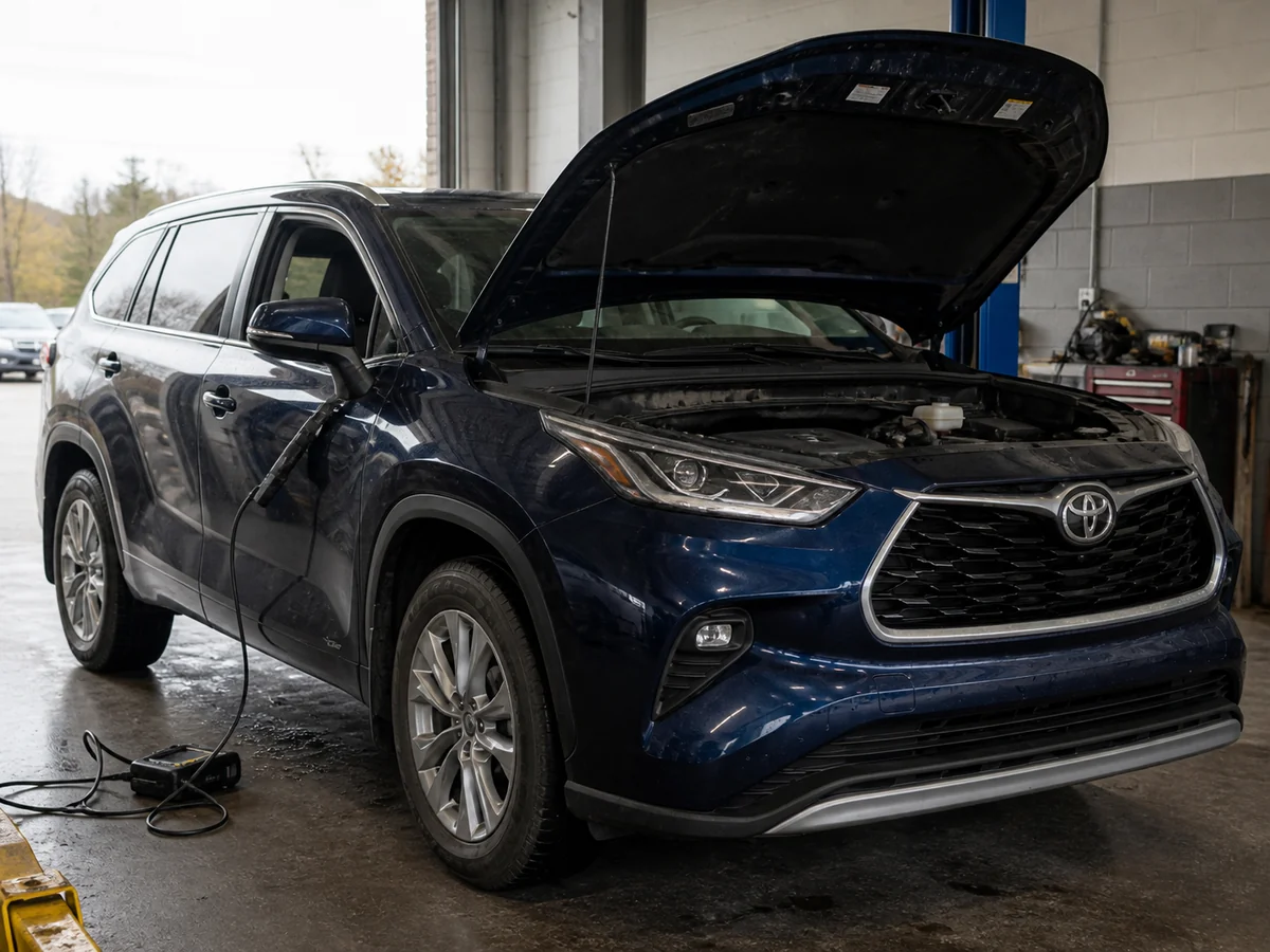 Toyota Highlander inspected with hood open and scan tool connected - Toyota Highlander