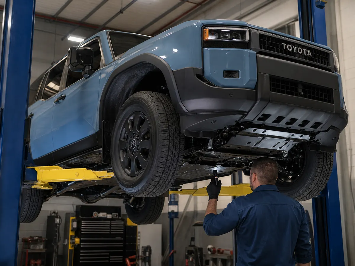 Technician inspecting the underbody, rear differential, and protection on a 2026 Toyota Land Cruiser - Toyota Land Cruiser