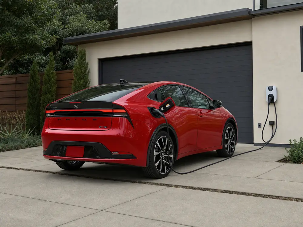 2024 Toyota Prius Prime connected to a home charging outlet with the cable protected from traffic - Toyota Prius Prime