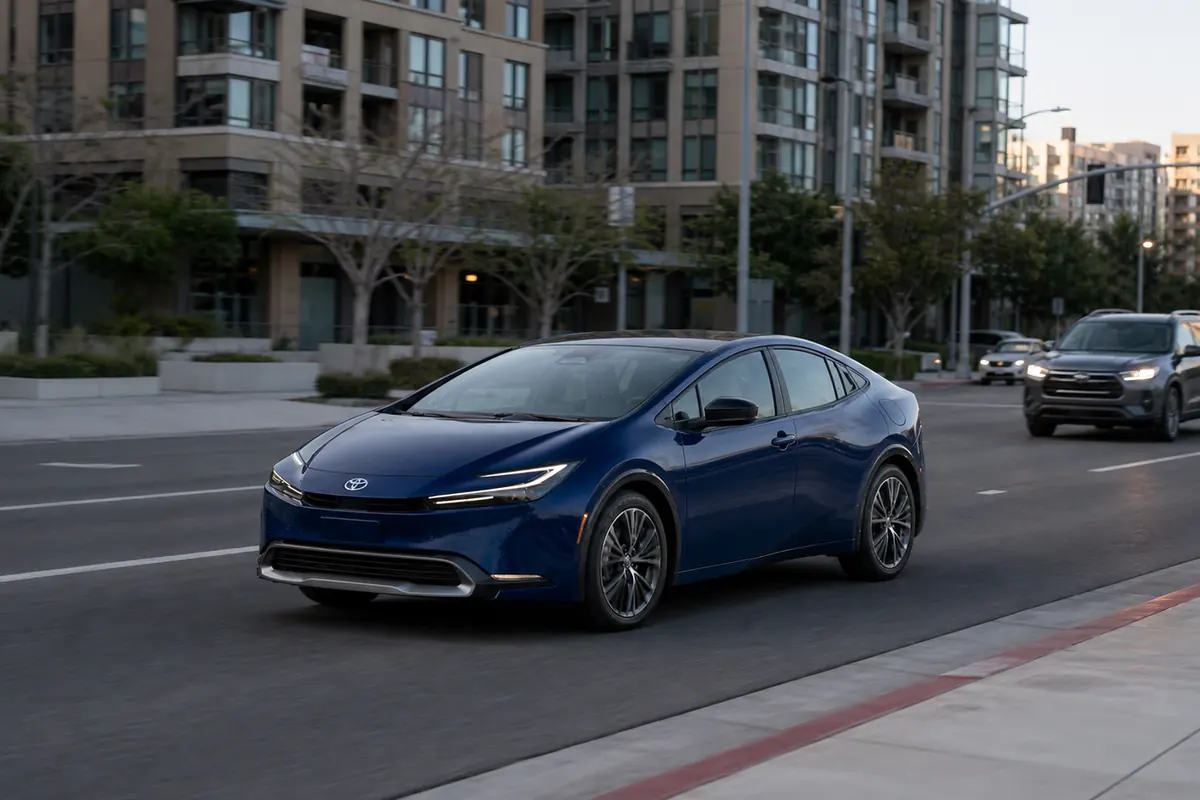 Toyota Prius moving away from a downtown traffic signal in cool morning light