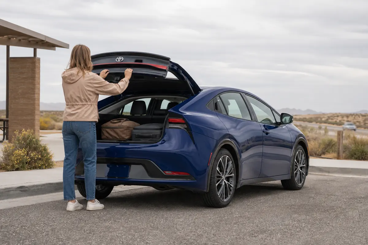 Toyota Prius in a wide rear-side view while modest luggage is loaded at a roadside rest area