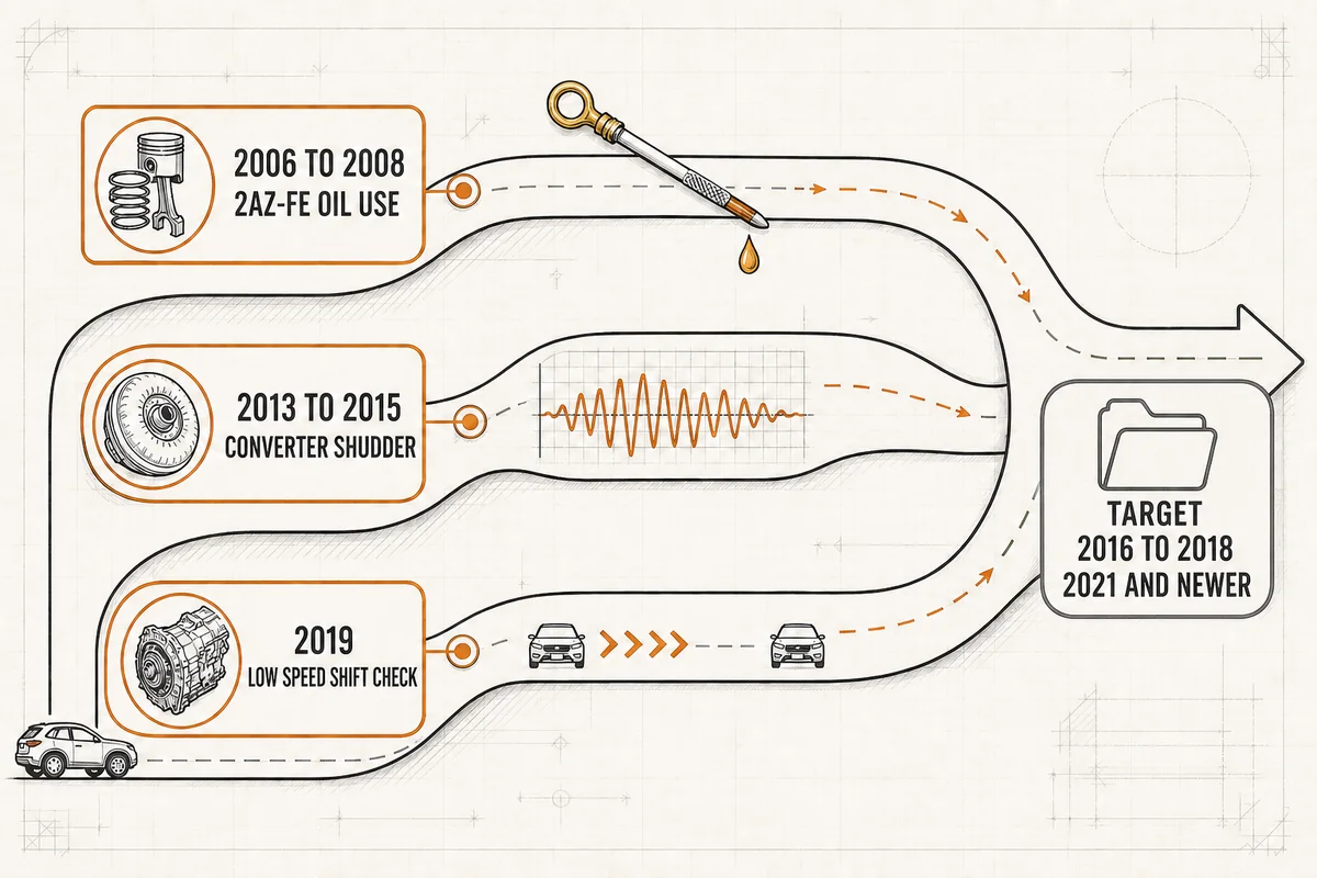 Diagram mapping gas RAV4 year groups to oil, converter, and low-speed shift checks - Toyota RAV4