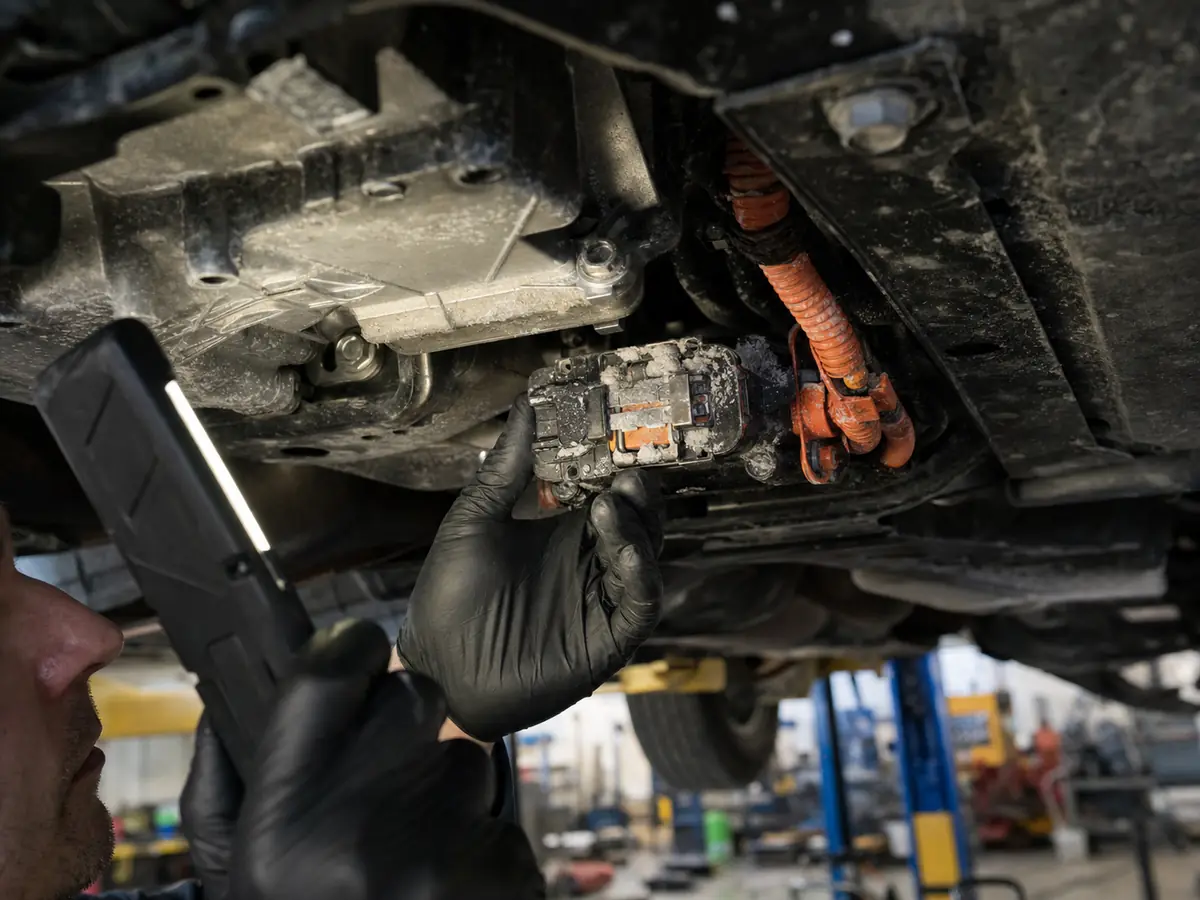 Technician inspecting a hybrid SUV high-voltage cable connector for corrosion - Toyota RAV4 Hybrid