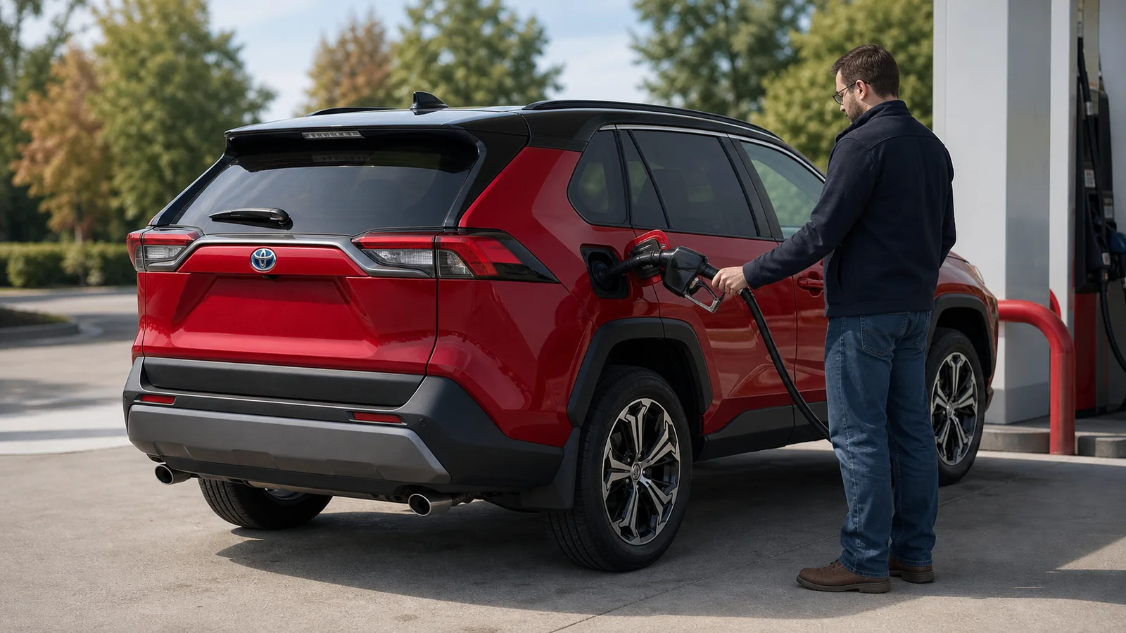 Red Toyota RAV4 Hybrid being refueled at an outdoor gas station