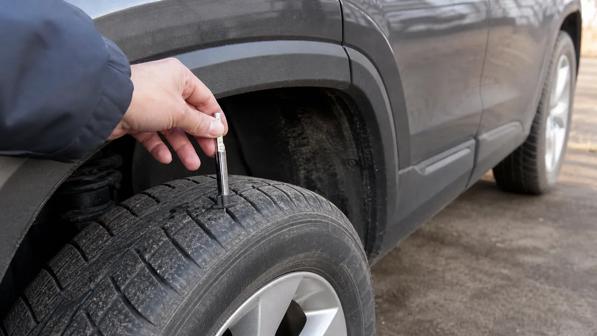 Compact SUV tire tread inspection in a workshop