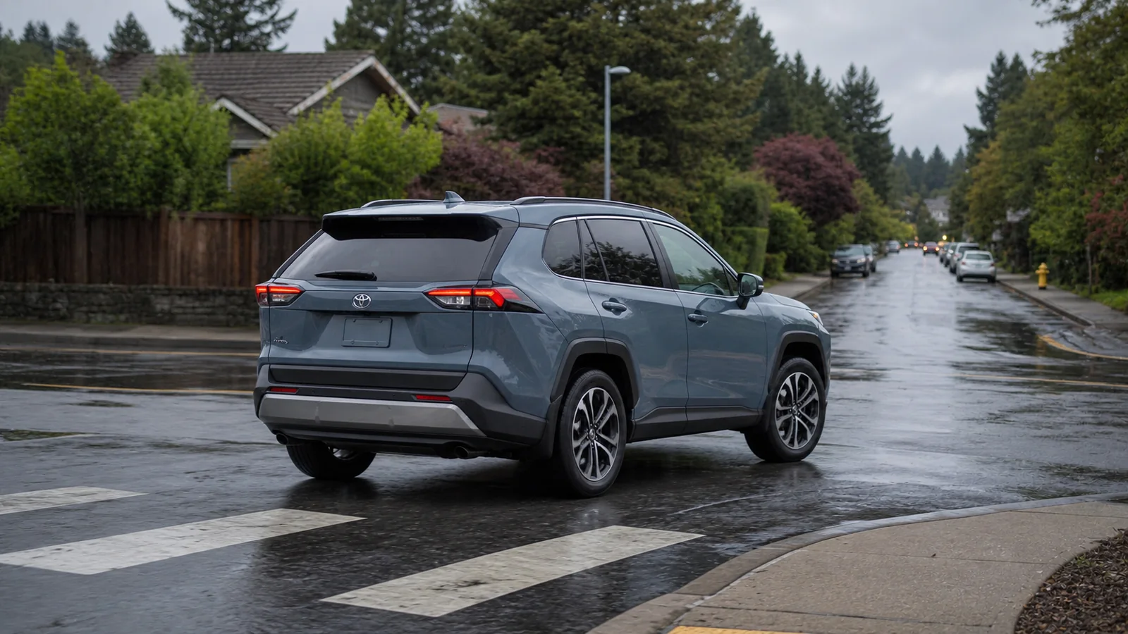 Blue Toyota RAV4 turning through a wet suburban intersection