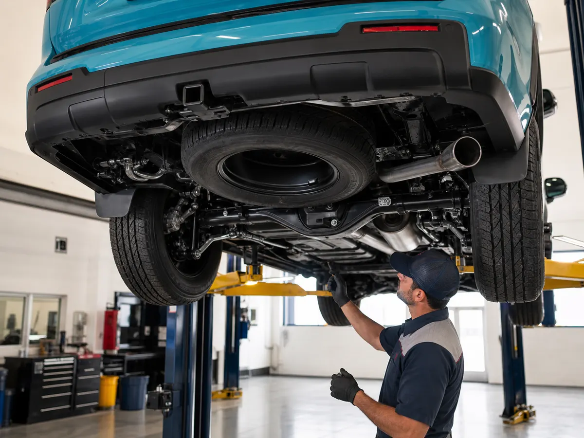 Technician inspecting the underbody and towing hardware of a 2026 Toyota Sequoia - Toyota Sequoia