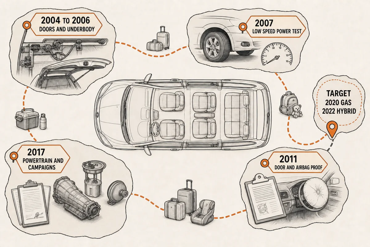 Diagram mapping Sienna year groups to door, underbody, powertrain, airbag, and campaign checks - Toyota Sienna