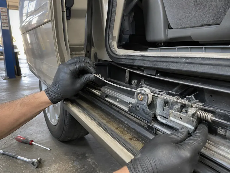 Technician inspecting a minivan power sliding door cable and track - Toyota Sienna