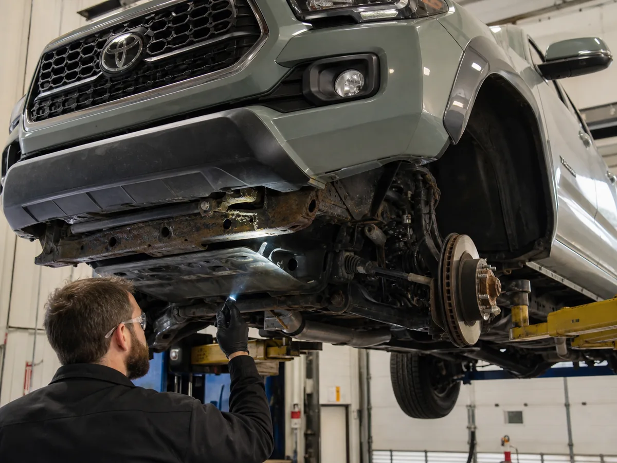 Toyota Tacoma frame and underbody inspection for corrosion and driveline evidence