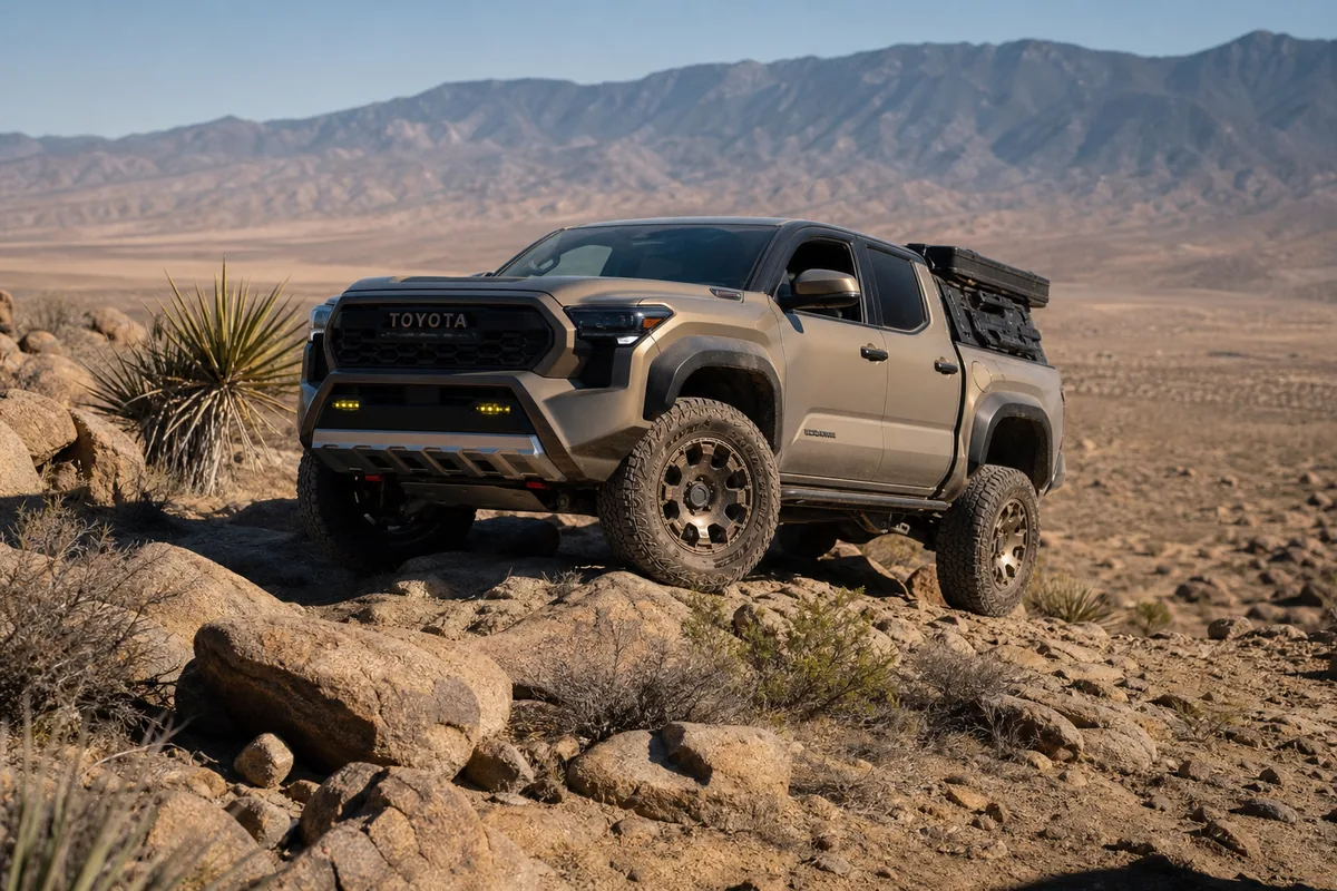 Toyota Tacoma off-road trim crossing a rocky trail with suspension and tire clearance visible - Toyota Tacoma