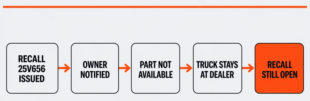 Diagram of the Toyota Tacoma 25V656 recall loop from notice to a still-open status