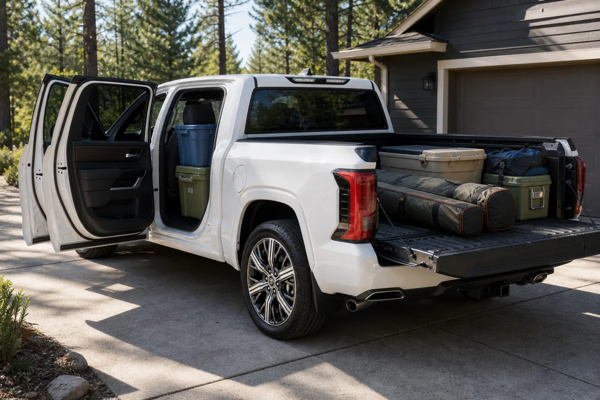 Toyota Tundra CrewMax with family gear arranged between rear cabin and bed - Toyota Tundra