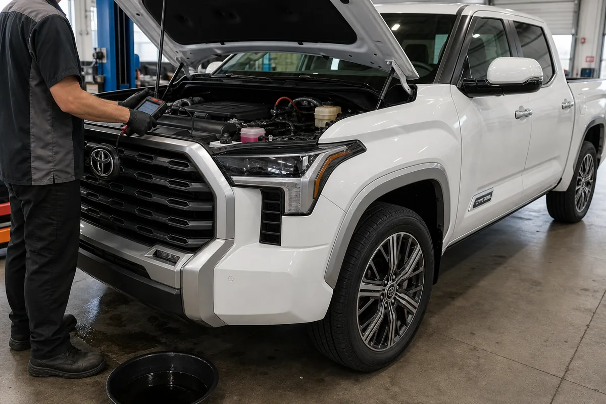Technician scanning a Toyota Tundra while checking twin-turbo engine fluids - Toyota Tundra