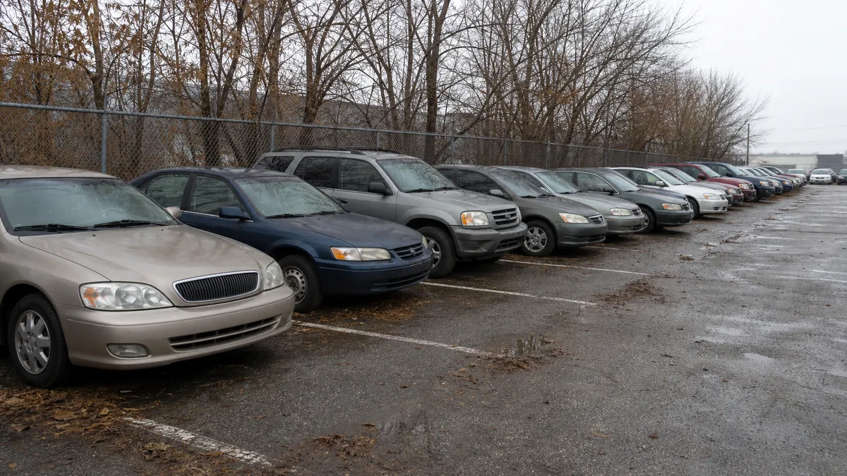 Older sedans and small SUVs parked on an independent used-car lot under flat autumn light - used car market