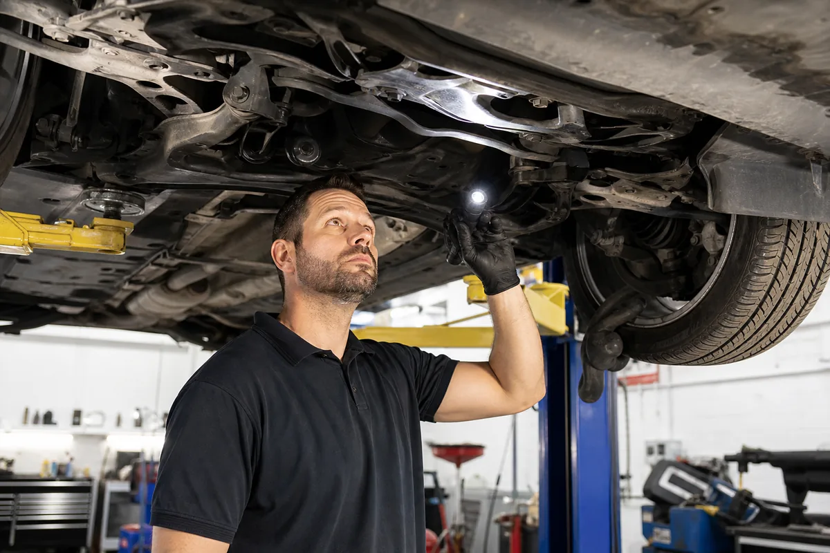A mechanic inspecting the underside of a used car raised on a shop lift - pre-purchase inspection