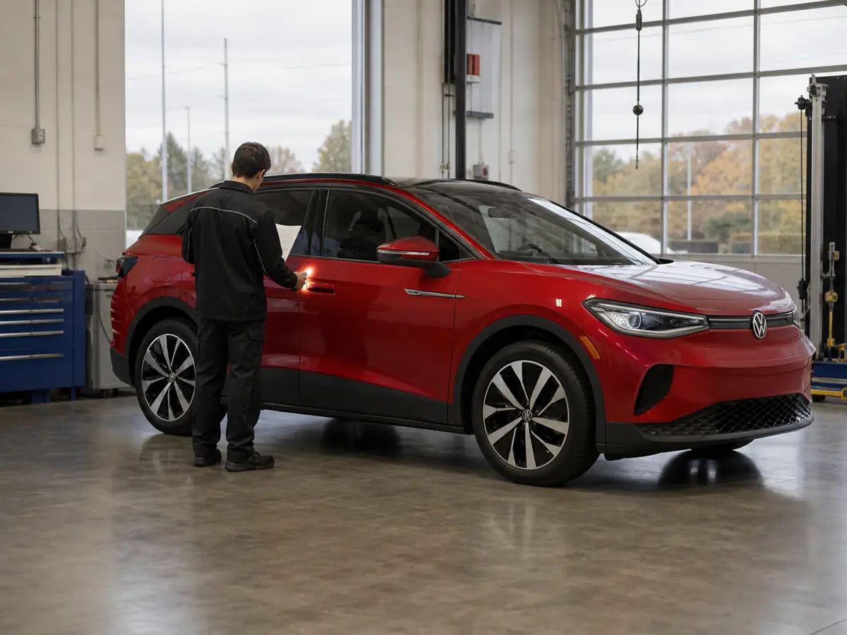 Technician inspecting a Volkswagen ID.4 exterior door handle and recall repair record - Volkswagen ID.4
